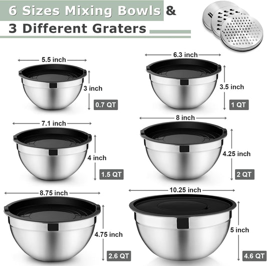 P&P CHEF Mixing Bowls with Lids Set of 6, Stainless Steel Nesting Salad Bowl & 3 Grater Attachments for Prepping Storing, 4.6/2.6/2/1.5/1/0.7 QT, Khaki