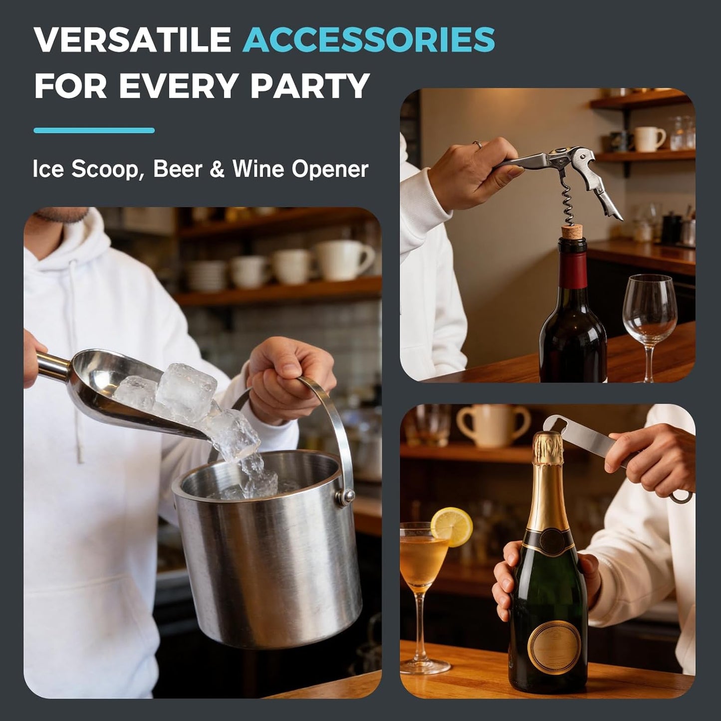 Ice Buckets for Parties 3L (101 fl oz) - 6PC Stainless Steel Ice Bucket with Lid, Scoop, Tongs & Beer Wine Opener – Double-Wall Insulated Bar Ice Bucket for Cocktail Bar & Outdoor Events