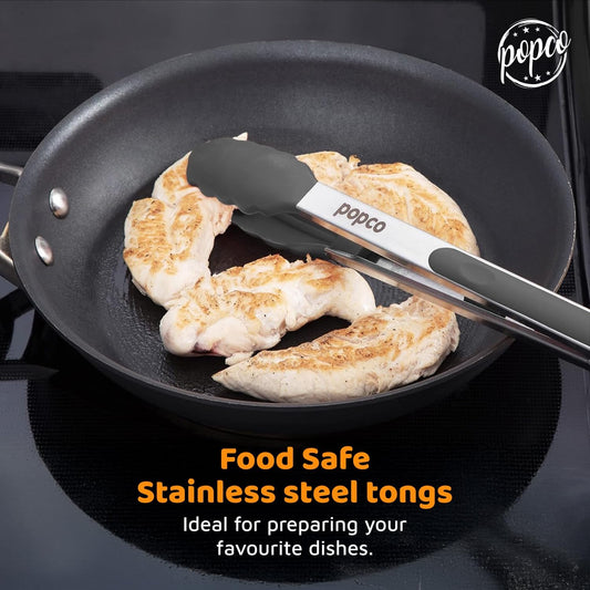 Popco 3 Piece Kitchen Tongs Set 7, 9, 12 Inch - Stainless Steel Nonstick Tongs with Silicone Tips - Heat Resistant and Dishwasher Safe for Cooking, Grilling, Salad, and Everyday Serving