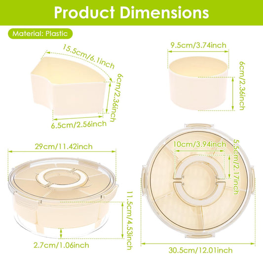 Snack Box Container with Ice Chill Base, 6 Divided Serving Tray with Lid, Handle, Protable Travel Snackle Box Container, Round Veggie and Fruit Tray for Beach, Travel, Picnic, Camping, Kitchen, Party
