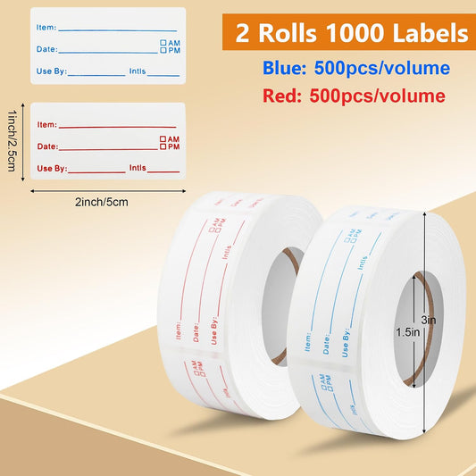 1000Pcs Food Labels, AIMEIKI 2 Rolls 1 x 2 Inch Removable Date Stickers Waterproof Food Storage Stickers for Freezer, Refrigerator, Food Containers Easy Clean No Residue