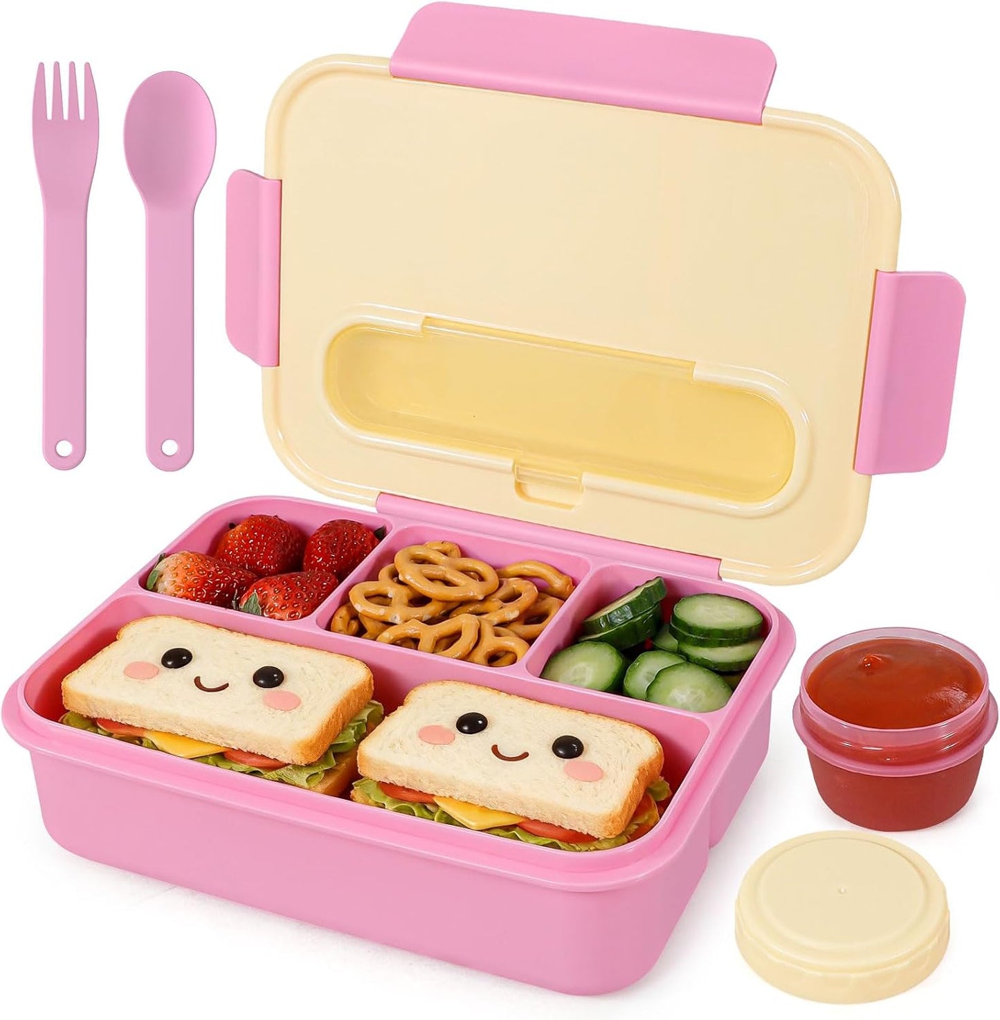 Caperci Bento Box for Kids - 50oz Larger Lunch Box Containers for Kids, Reinforced Leakproof, Built-in Sauce Cup, Utensils, 4 Compartments, BPA-Free Microwave & Dishwasher Safe (Lavender Pop)