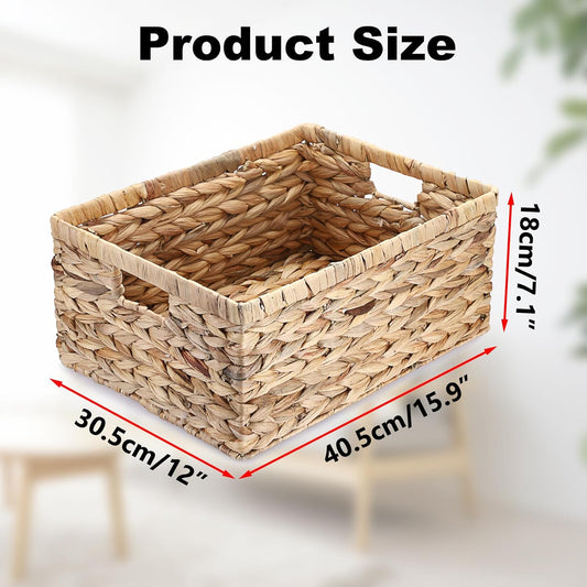 Hipiwe Water Hyacinth Storage Basket Bin Handwoven Decorative Basket Large Wicker Baskets Box with Handles Open Storage Bin Rectangular Baskets Containers for Shelf Pantry Organizing