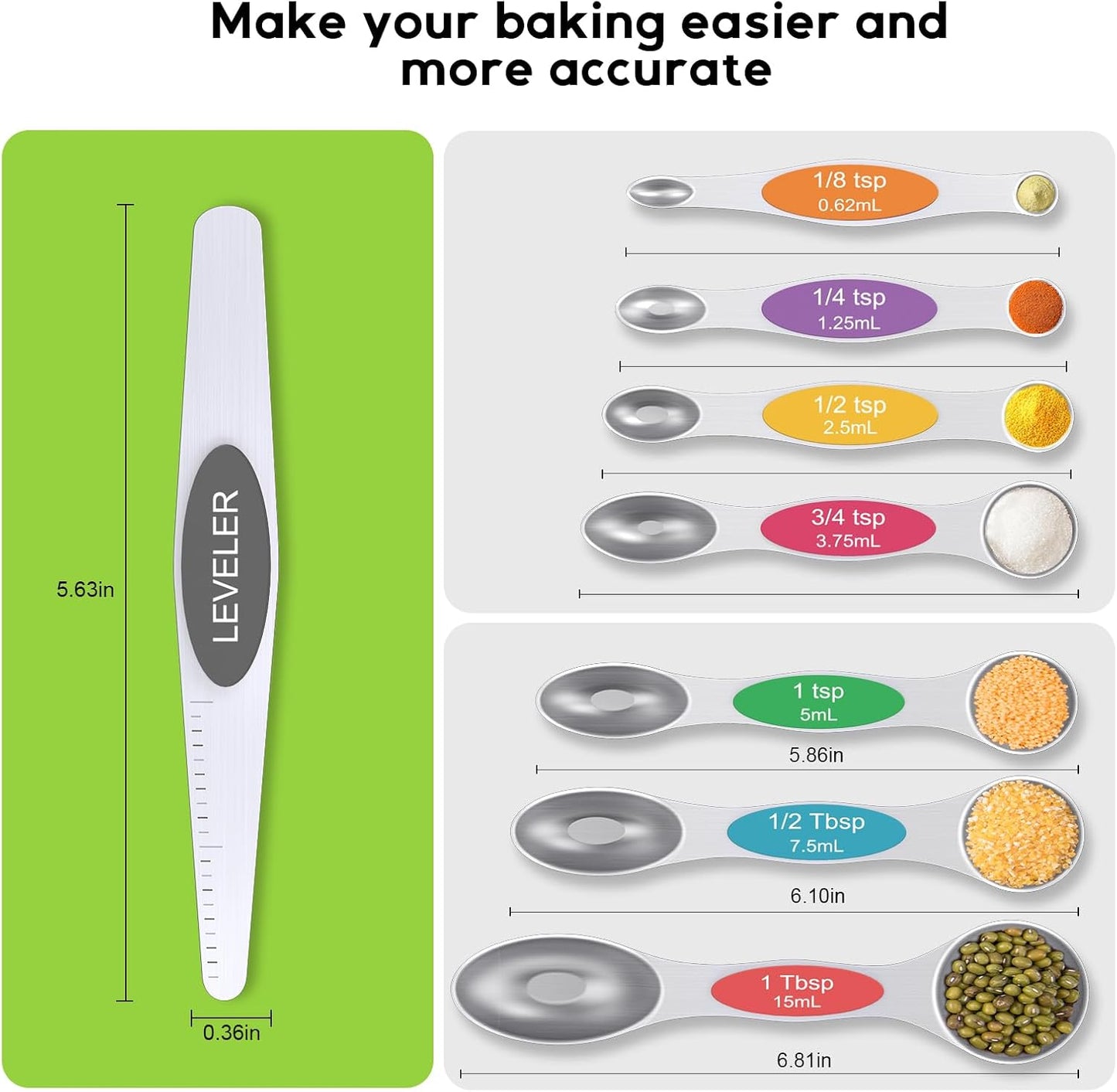 Magnetic Measuring Cups and Spoons Set304 Stainless Steel Dual Scale Set of 15, Strong N52 Magnetic Nesting Design with Leveler, for Dry&Liquid Ingredients, Dishwasher Safe(Colorful)