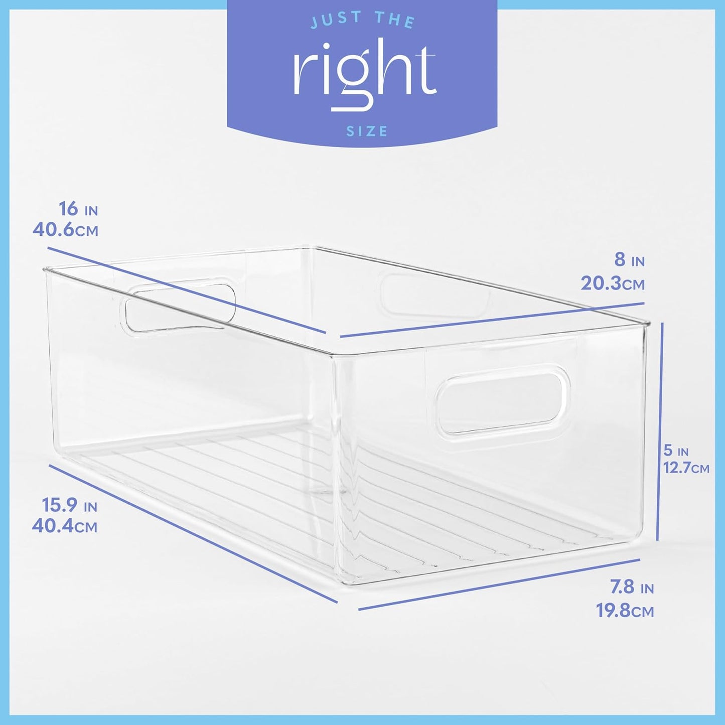 Plastic Food Storage 4 Pack Clear Container Bin with Handles for Organizing Kitchen, Pantry, Refrigerator, Freezer, Pantry, Cabinet, Closet, Bathroom. Stackable 10”x6”x3”