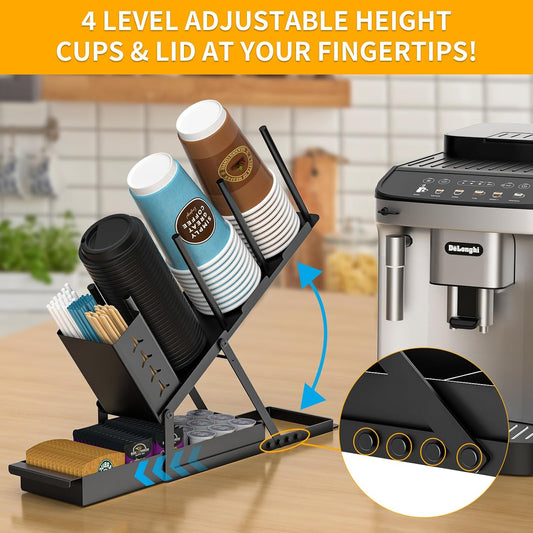 Cup and Lid Holder with Straw Organizer Coffee Station Organizer, Metal Cup Dispenser 5 Compartment Coffee Cup Holder for Coffee Bar Accessories, Disposable Paper Cups, Plastic Cups, Lids