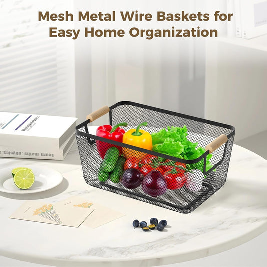 4pcs Metal Mesh Basket with Wooden Handles,Metal Mesh Wire Storage Baskets Dual Handle Wire Basket, Iron Bamboo Construction, Ideal for Kitchen Home Office Organization