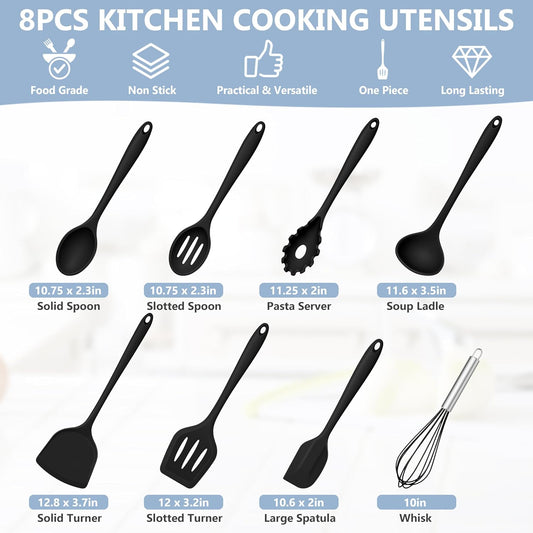 TeamFar Silicone Cooking Utensils Set, 8 PCS Kitchen Utensils Set, 446°F Heat Resistant, Turner, Spatula, Spoon, Whisk, Kitchen Cooking Gadgets Tools for Nonstick Cookware, Dishwasher Safe-Khaki