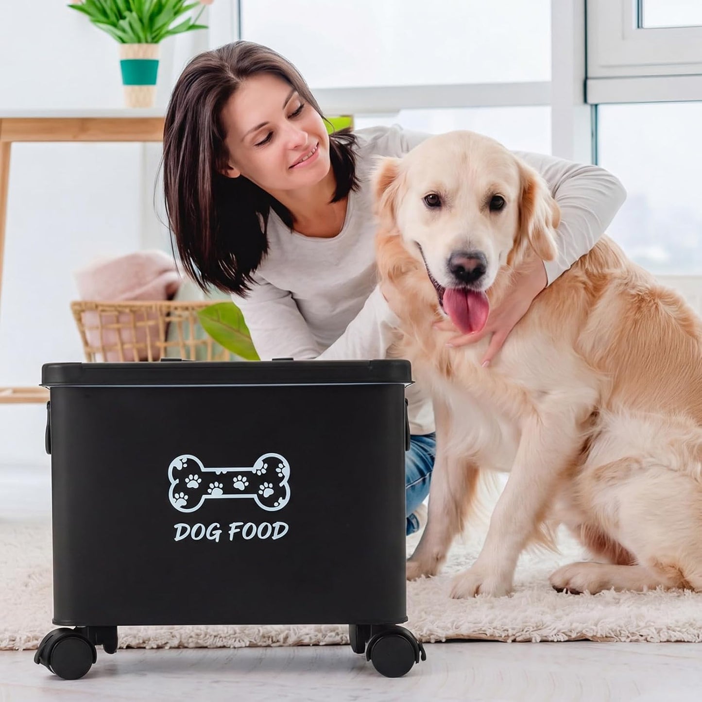 Moxweyeni Dog Food Container 13 lb Cute Airtight Food Storage Containers with Metal Lid Scoop Black Metal Storage Bin for Dog Cat with Wheels