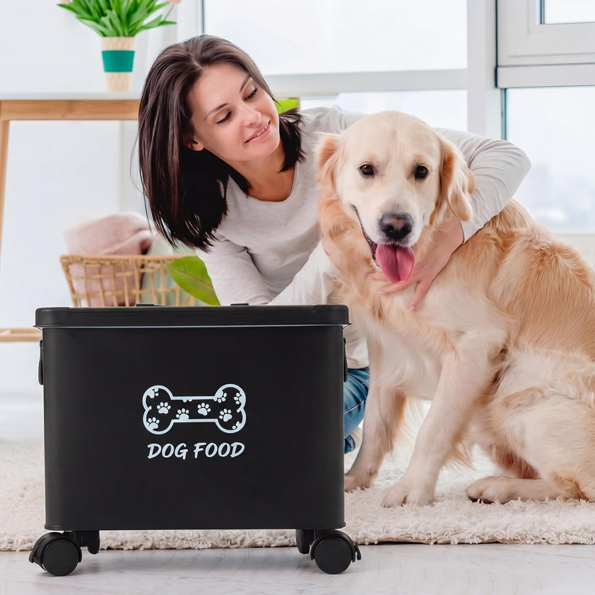 Moxweyeni Dog Food Container 13 lb Cute Airtight Food Storage Containers with Metal Lid Scoop Black Metal Storage Bin for Dog Cat with Wheels