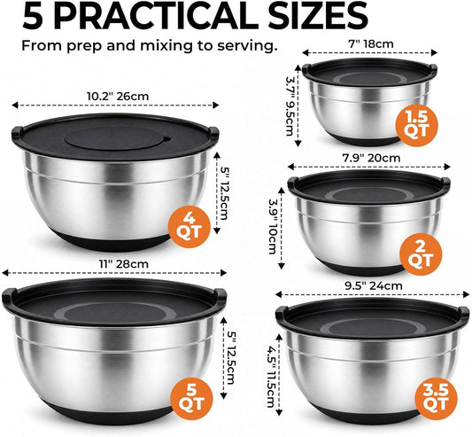 Parmedu Stainless Steel Nesting Mixing Bowls with Airtight Lids Set of 5