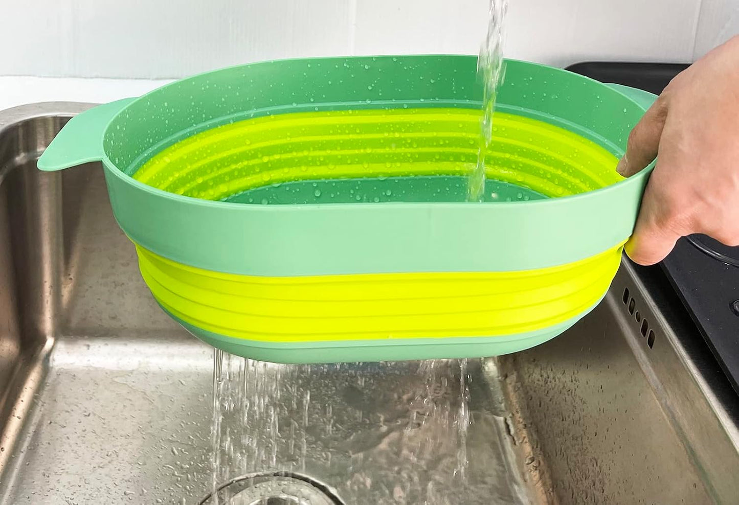 SAMMART 3L (0.8 Gallon) Over The Sink Oval Colander - Foldable Colander - Collapsible Kitchen Colander - Space Saving (Dark Green/Fluorescent Green (Set of 2))