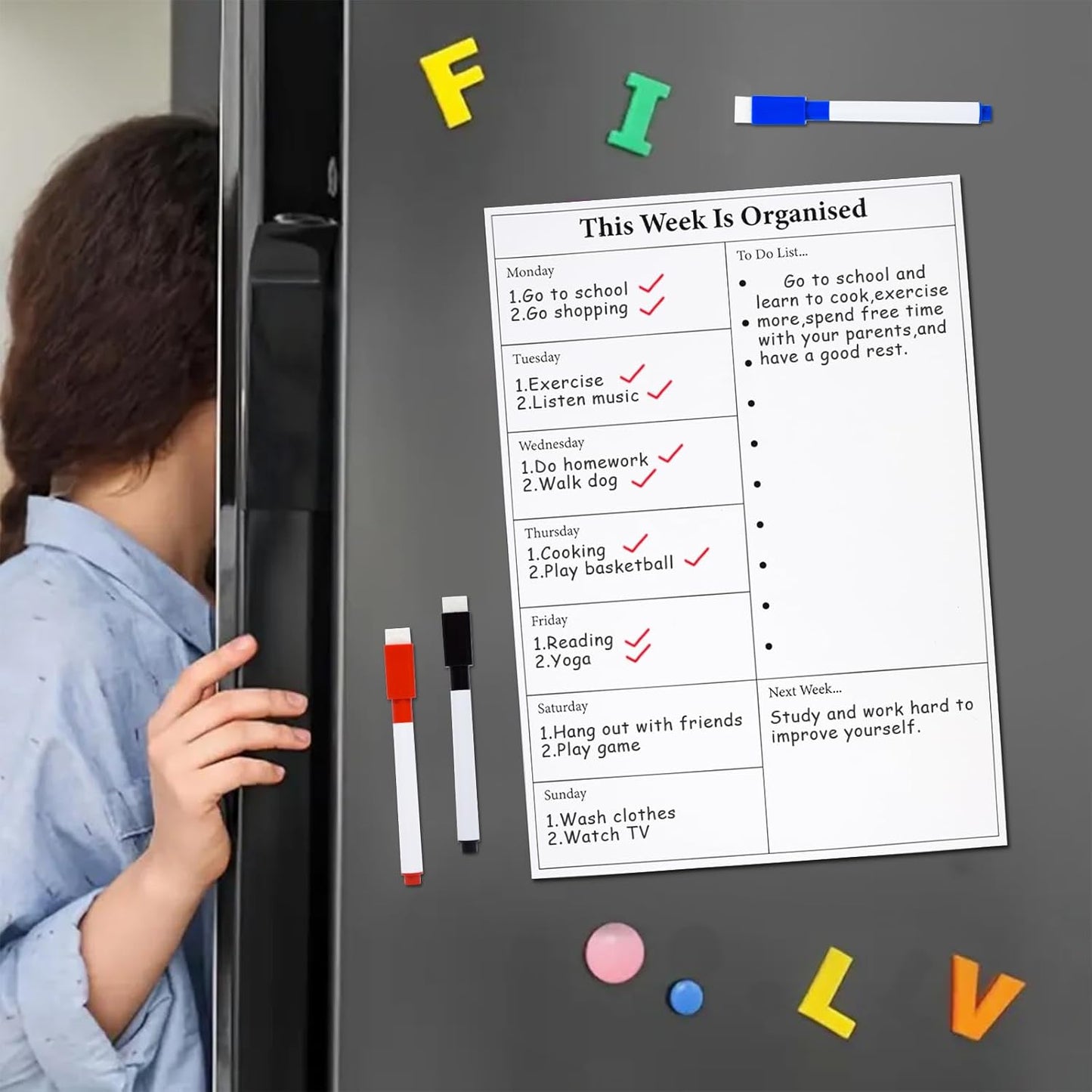 Marte Vanci Weekly Planner Whiteboard for Fridge, (11.4x7.8inch) Menu Board for Kitchen, Grocery List, Meal Planner for Refrigerator, Weekly Calendar Magnetic Whiteboard with 3 Markers (2 Pack)