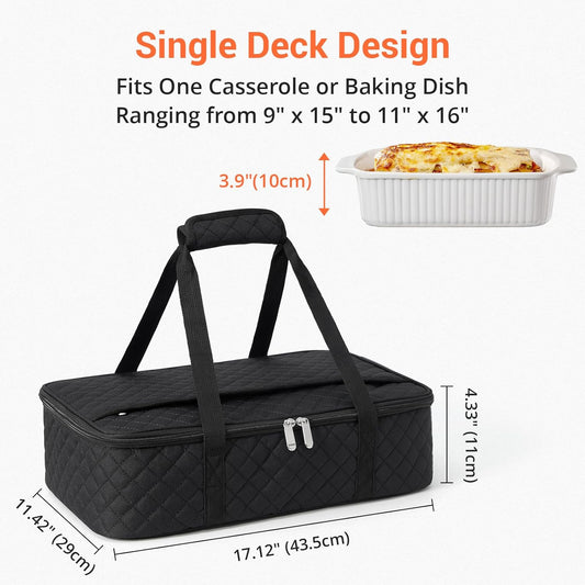Insulated Casserole Carrier Portable Food Tote for Hot or Cold – Fits 9"x13" Baking Dish, Lasagna Holder for Parties, Picnic, Travel, Beach - Black