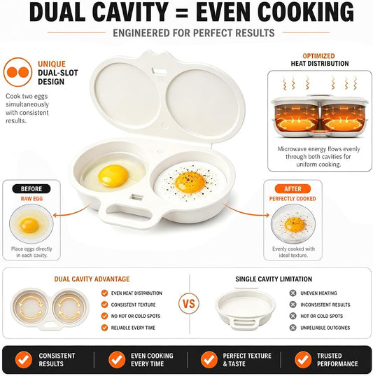 Microwave Egg Poacher, Microwave Egg Cooker - Dual Cavity Poached Egg Cooker, Egg Poacher with Lid & Handle, Quick Oil-Free Cooking, Dishwasher & Microwave Safe