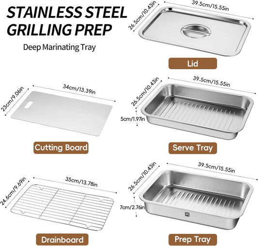 GOLDEN KEY Grilling Prep and Serve Tays,Stainless Steel Grill Carry System,5 Pcs Grill Prep Trays Set for Outdoor Picnic, Heat Resistant, Stackable, Includes Marinade Container & Cutting Board