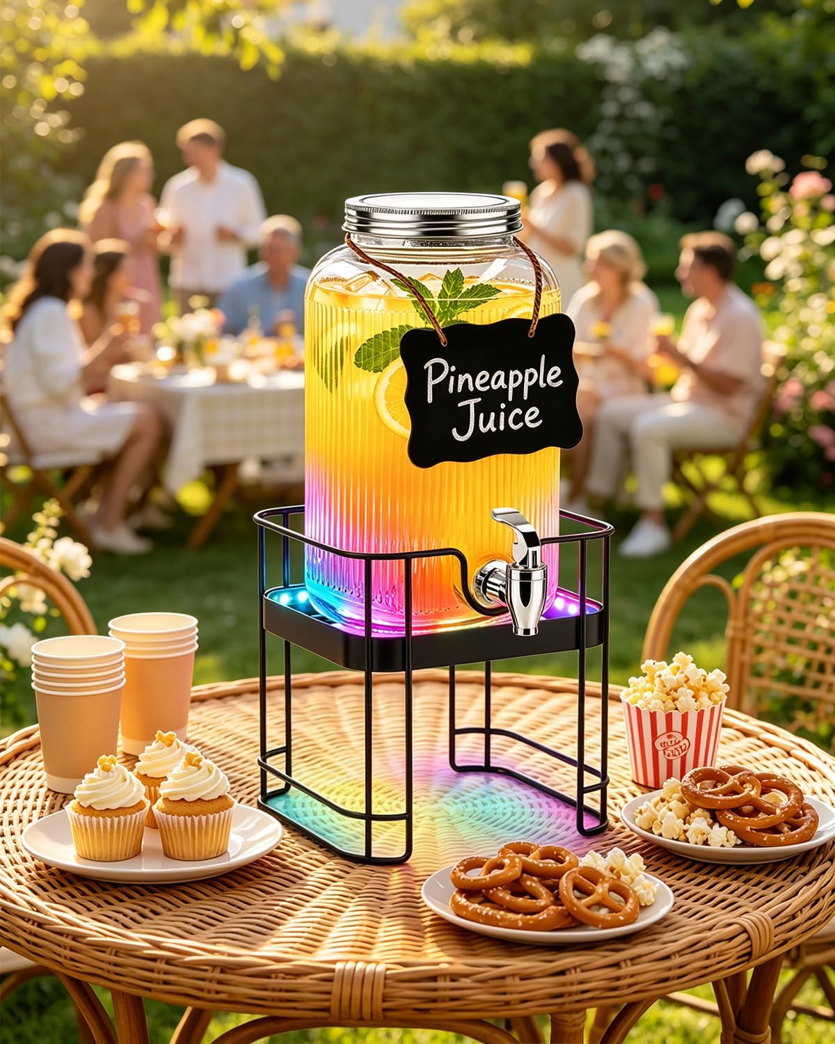PAROTO Drink Dispensers for Parties, 2 Pack 1 Gallon Glass Beverage Dispenser with Stand and LED Strip Light, Lemonade Juice Water Dispenser with Spigot for Wedding Bar Picnic BBQ Buffet Event