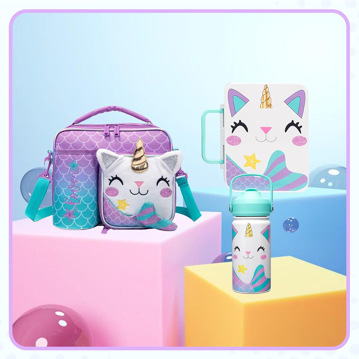 Kids Bento Lunch Box with 6 Compartments Girls Lunch Box with Lunch Bag,Stainless Steel Water Bottle,Ice Pack & Utensils Set,Birthday Gifts for Ages 3-12 Back to School Toddler Girls