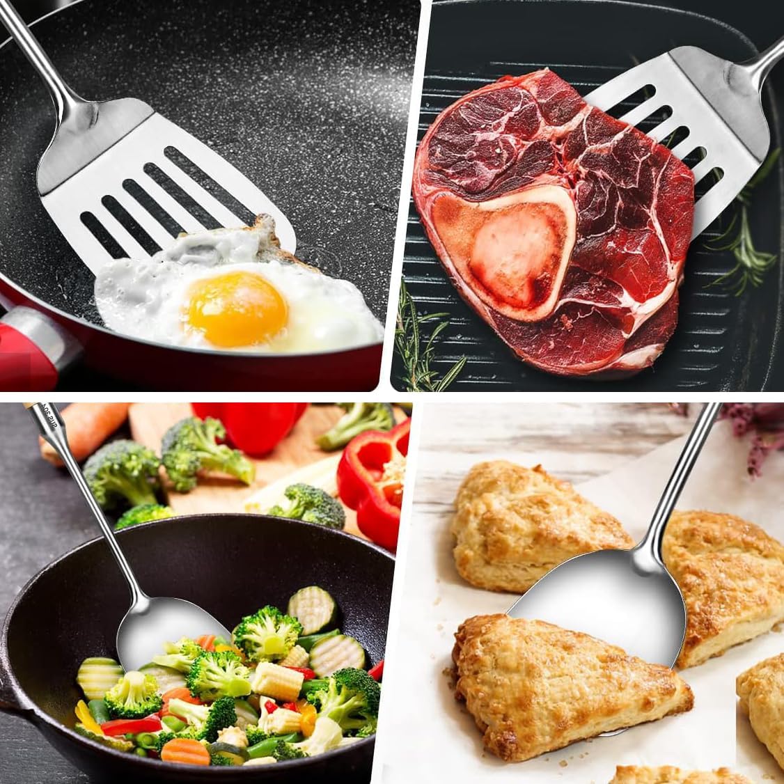 Stainless-Steel Turner Spatula Set, Set of 2, Slotted Turner, Wok Spatula, Heavy Duty Metal Kitchen Utensils for Cooking