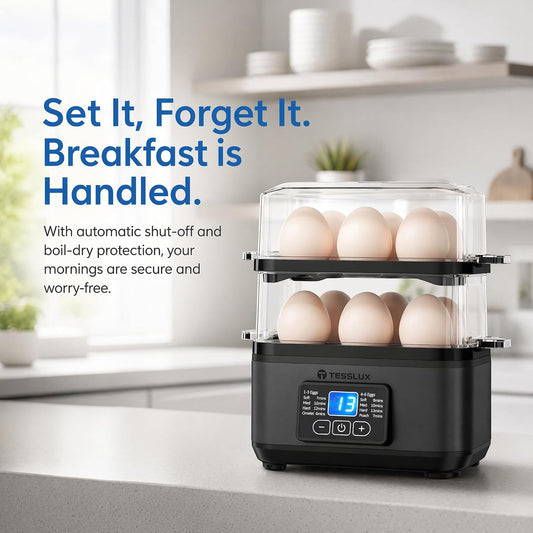 Tesslux Egg Cooker, Dual Layer 12 Egg Boiler, Soft Hard Poached, Black