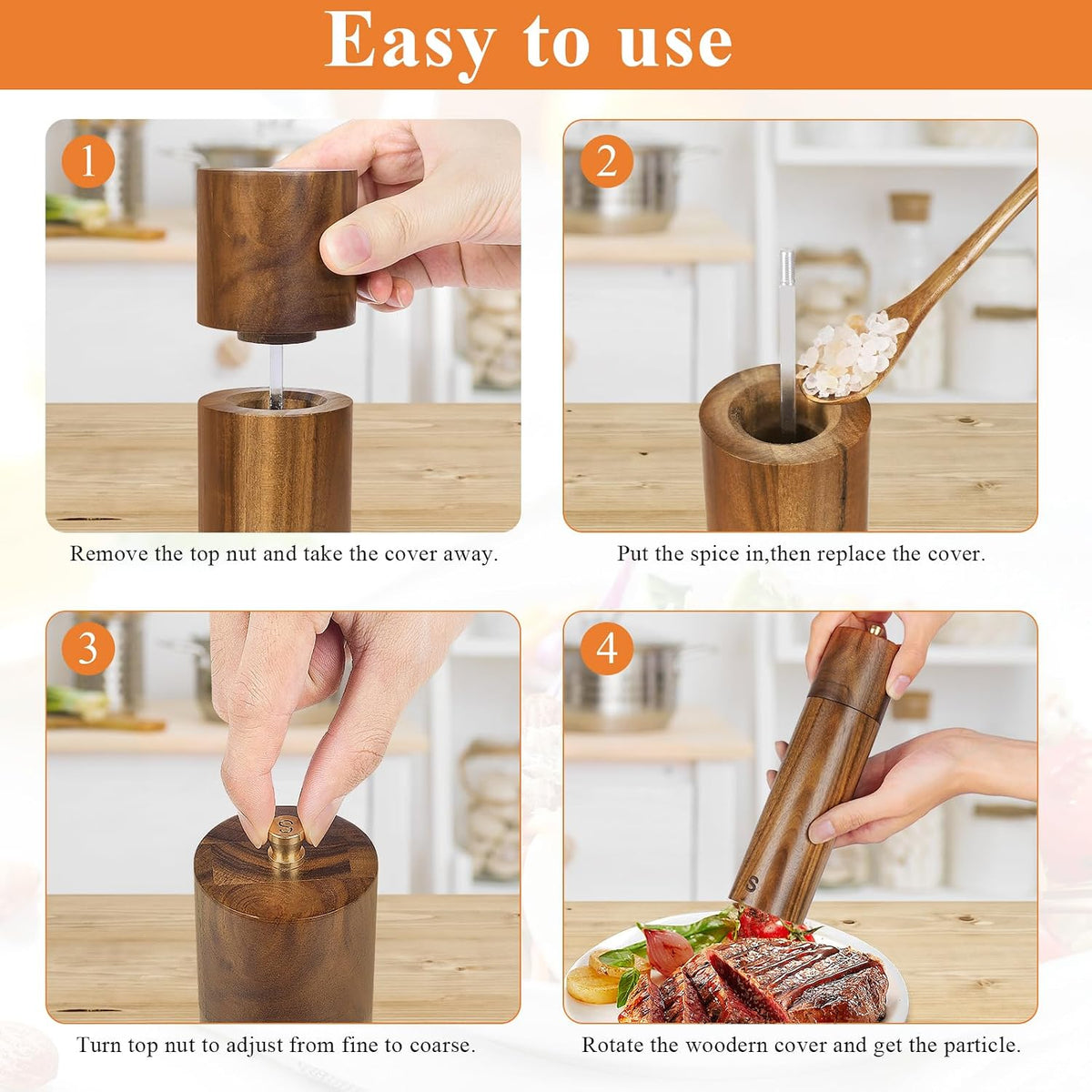 8 Inch Manual Wooden Salt and Pepper Grinder, Refillable Mill