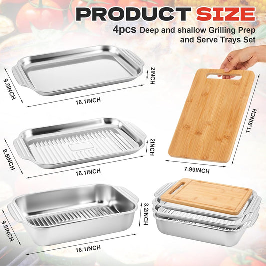 4 Pcs Grill Prep Set – Stainless Steel BBQ Prep & Serve Tray, Marinade Containers with Lids and Cutting Board for Outdoor Grilling, BBQ, Marinating (Deep Tray)