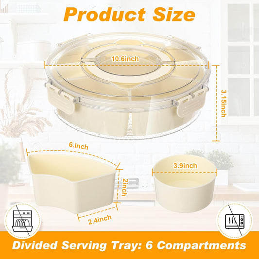 Maxdot 2Pcs Snackle Box Container Divided Serving Tray with Lid and Handle,6 Compartment Rotating Reusable Snack Portable Spinner Tray Portable Food Platter for Lunch Veggie Fruit Party Travel,10.6