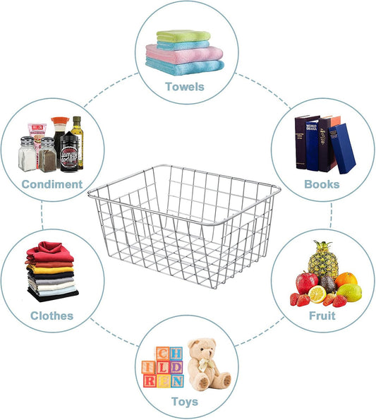 JUNCHU CHERRY Wire Kitchen Storage Basket 4 Packs,Perfect Pantry Organization Accessories Baskets,Laundry Basket,Countertop Organization,Suitable for Kitchen,Bathroom,Bedroom,Tabletop,Stackable,Chrome