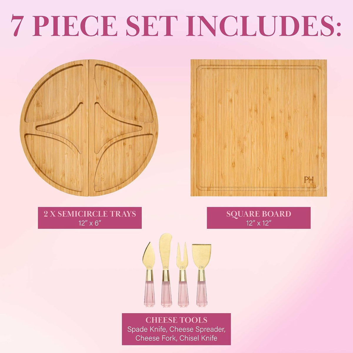 Paris Hilton Charcuterie Board and Serving Set, Bamboo Serving Board, Ceramic Dish, Cheese Utensils with Titanium Coated Blades, 6-Piece Set, Pink