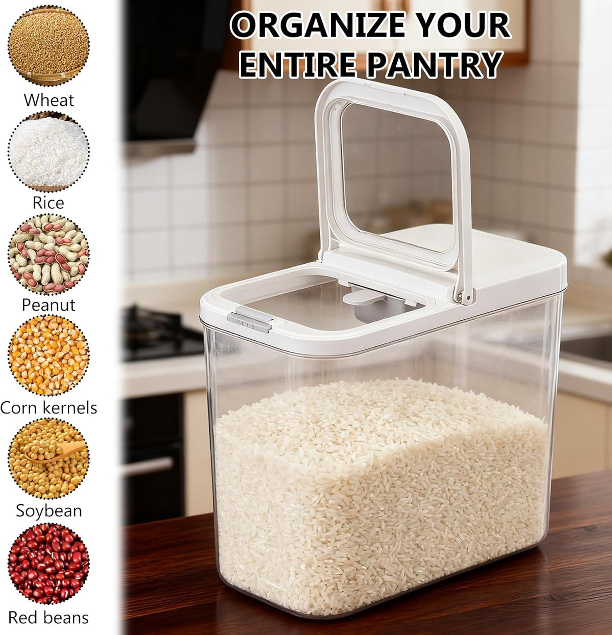 20-25 lbs Rice Dispenser with Measuring Spoon 11.4Qt/12L Large Airtight Food Storage Rice Container Tall and Narrow Food Storage Flour Bin Slim Space-Saving for Kitchen Pantry Organization