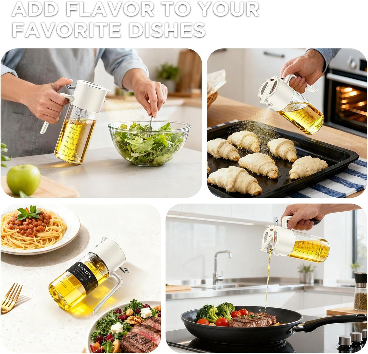 PLAPITATE 17oz/500ml Premium Olive Oil Sprayer for Cooking, 2 in 1 Glass Olive Oil Dispenser Bottle for Kitchen Gadgets, Spray Bottle with Portion Control for Salad, Frying, BBQ (Black)