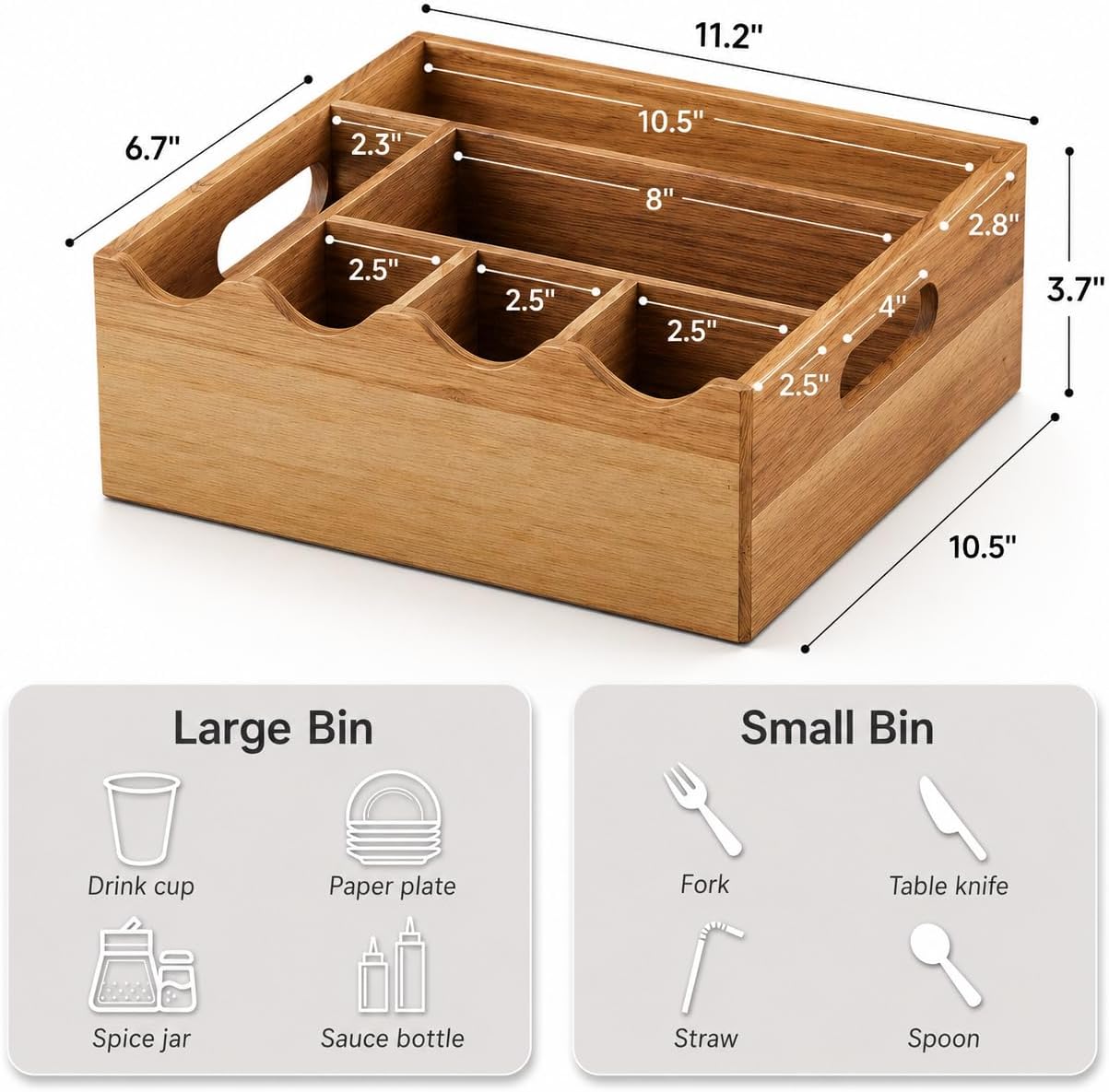 Utensil Holder & Silverware Organizer, Acacia Wood Kitchen Utensil Caddy for Countertop, 6 Compartment Paper Plate Holders & Dispenser, Wooden Cutlery Holder with Handle for Party, Natural Acacia