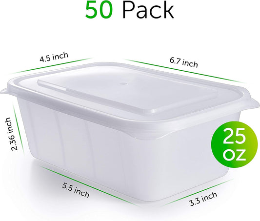 Prep Naturals 50 Pack Meal Prep Containers Reusable | BPA-Free Meal Prep Containers - Airtight Lids, Microwave, Freezer & Dishwasher Safe (50-Pack, 25 oz)