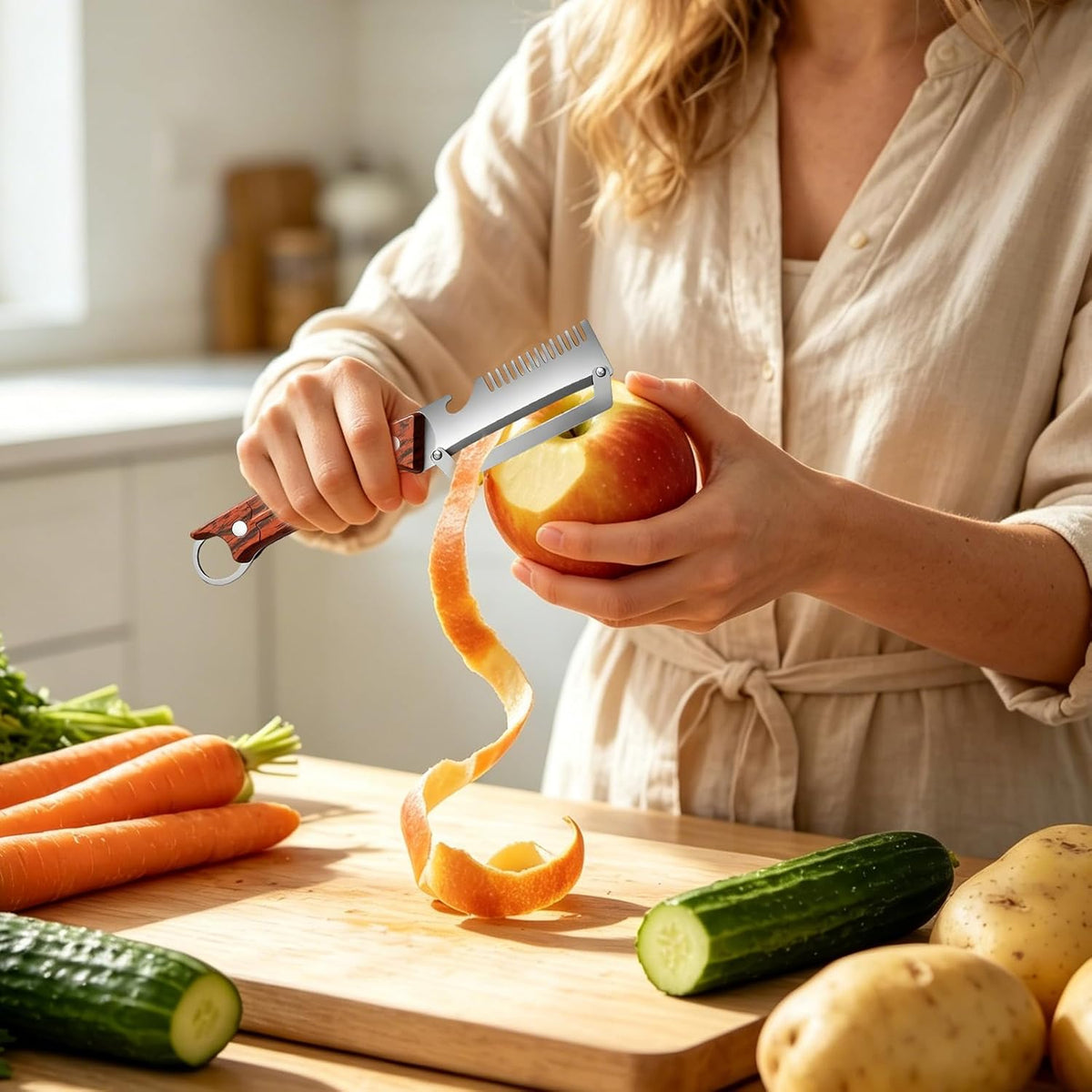 2PCS Multifunctional Vegetable Peeler, 3 in 1 Multi-function Stainless Steel Thickened Fruit Peeler Knife With wooden handle & bottle opener and grater for Peeling Fruits and Shredding Scallions