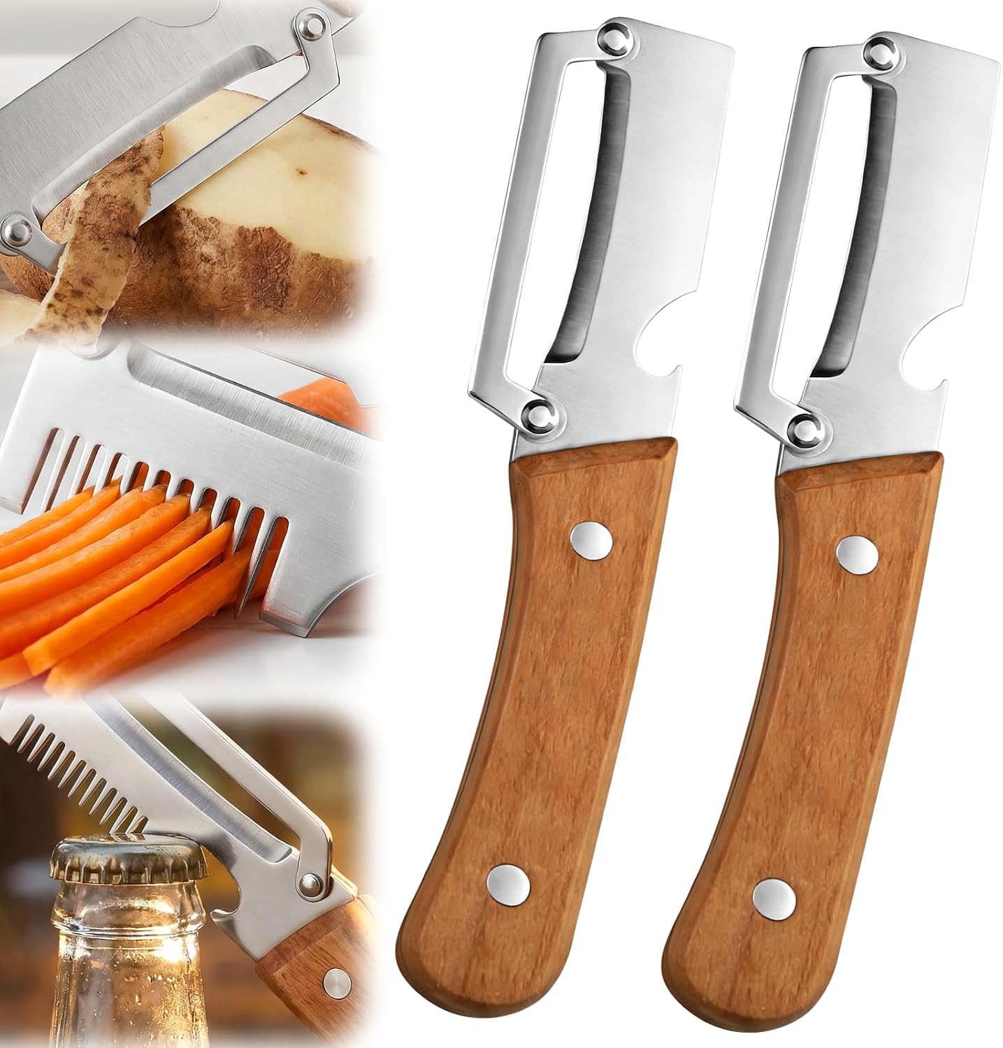 2026 Upgrade Vegetable Peeler and Julienne Peeler Set, Stainless Steel Vegetable Peelers for Kitchen with Wood Handles and Bottle Opener, 2-Pcs Multifunctional Vegetable Peeler Set