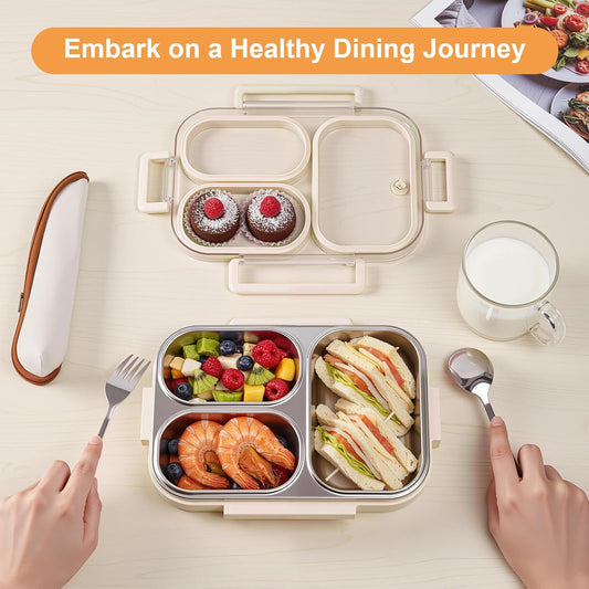 25oz 18/8 Stainless Steel Lunch Box Kit (Bento Box + Fork/Spoon) - 3 Leakproof Compartments - Metal Snack Box for Kids & Adults - School/Office/Travel - Dishwasher Safe (Beige)