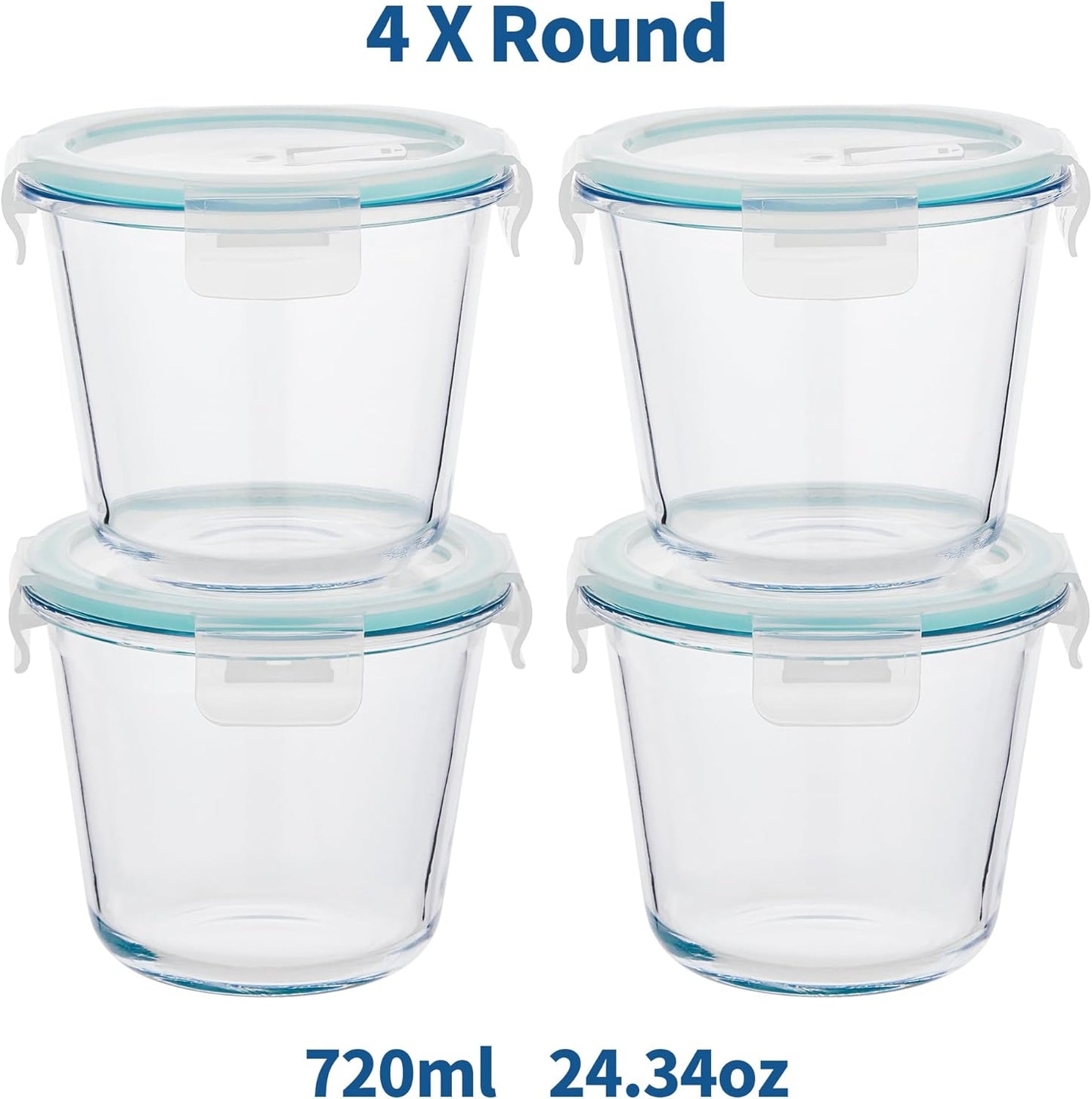 8 PCS Glass Meal Prep Containers with Lids, Airtight 3 Cup Glass Storage Containers Set, Round Deep Soup Containers with Lids for Leftover, Microwave, Dishwasher, and Freezer Safe(4 Sets)