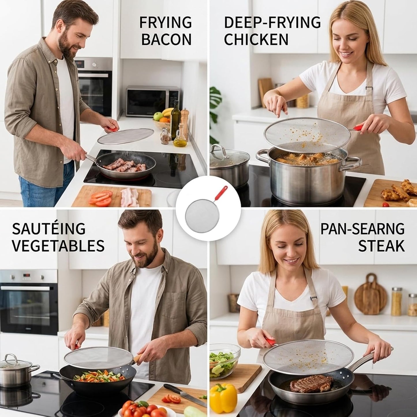 2 Splash Grease Screen for Frying Pans, Stainless Steel Oil Splatter Grease Splatter Guard for Frying Pan, Kitchen Cooking Protection, Splatter Guard with Heat Resistant Handles