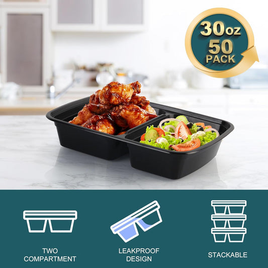 WGCC Meal Prep Containers 2 Compartment- 50Pack 30OZ Food Prep Containers With Lids, Disposable To Go Food Containers, Take Out, Stackable, Leakproof & Food Safe, Microwave, Freezer, Dishwasher Safe
