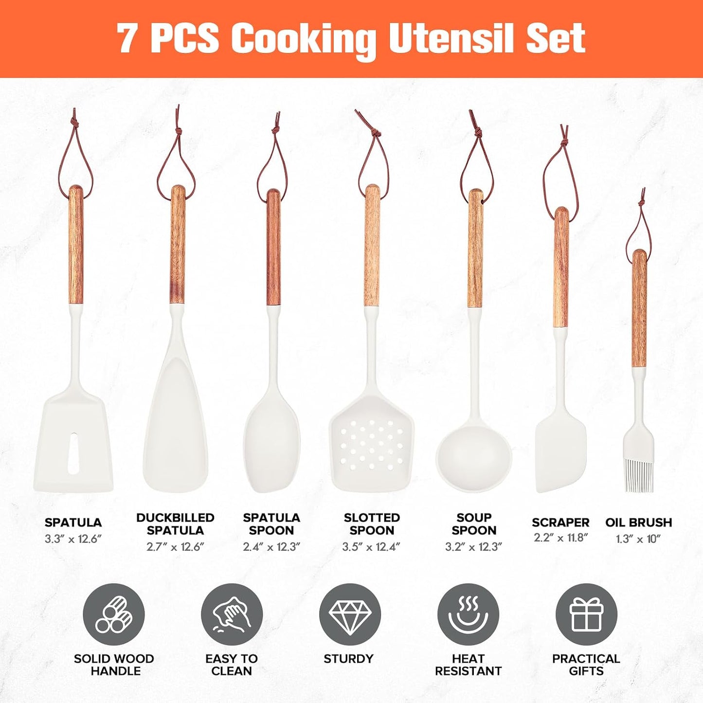 Silicone Cooking Utensils Set of 7 Pack, Wood Handle Heat-Resistant Kitchen Utensils, Non-Stick Cookware Safe - Include Spatula, Spoon, Ladle, Bowl Scraper, Basting Brush for Cooking, Baking, BBQ