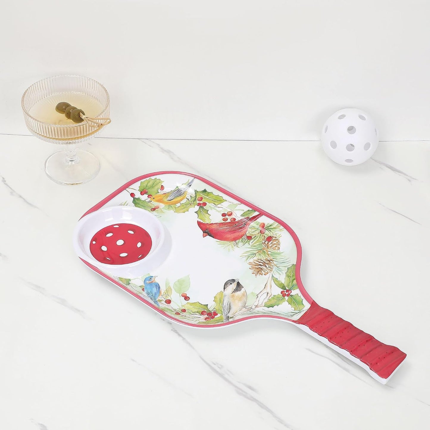 UPware Watermelon Melamine Chip and Dip Snack Tray, Summer Fruit Pickleball Paddle Shape Platter for Chips, Salsa, Fruits, and Appetizers, 15.75 x 8 Inch
