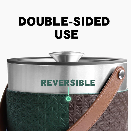 Bakpoco Double-Wall Vacuum Insulated Ice Bucket with Lid, Scoop, Ice Tong, Strainer & Leather Handle Keep Ice Frozen Longer Large Wine Ice Buckets for Cocktail Bar,Parties Chilling Beer Champagne 3L