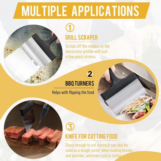 Heavy Duty Grill Scraper Stainless Steel Griddle Scraper with 5" Handle,Sturdy Food Scraper Tool Kitchen for Blackstone Grill Accessories,Outdoor Barbecue Turners Tools