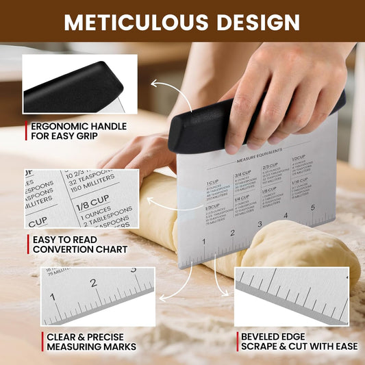 SCHVUBENR Dough Scraper Set with 2 Flexible Bowl Scrapers - Stainless Steel Dough Cutter & Bench Scraper with Measuring Scale - Versatile Kitchen Scraper for Bread, Pastry, Pizza, Cake - Black & Blue
