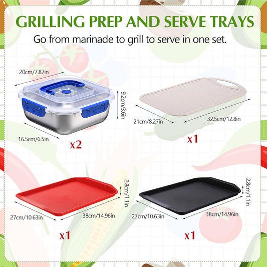 5 Pcs Grill Prep Trays Set Includes Grilling Deep Prep and Serve Trays, 2 Pcs 60oz Stainless Steel Food Container, Cutting Board for Raw Meat Marinating and Finished Cooked Food