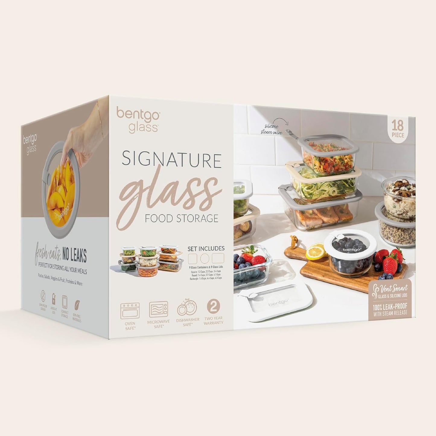 Bentgo Signature Leak-Proof Glass Food Storage - 18-Piece Set, 1-Compartment Plastic-Free Containers with Airtight Glass Lids, BPA-Free, Microwave, Freezer, Oven & Dishwasher Safe (Desert Sage)