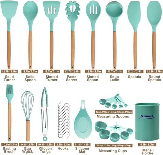 33-Piece Silicone Kitchen Cooking Utensils Set with Holder| Heat-Resistant | Non-Stick Cooking Utensils with Wooden Handles – BPA-Free Cookware Utensils set | Kitchen Tools Great for Gifting (GREEN)