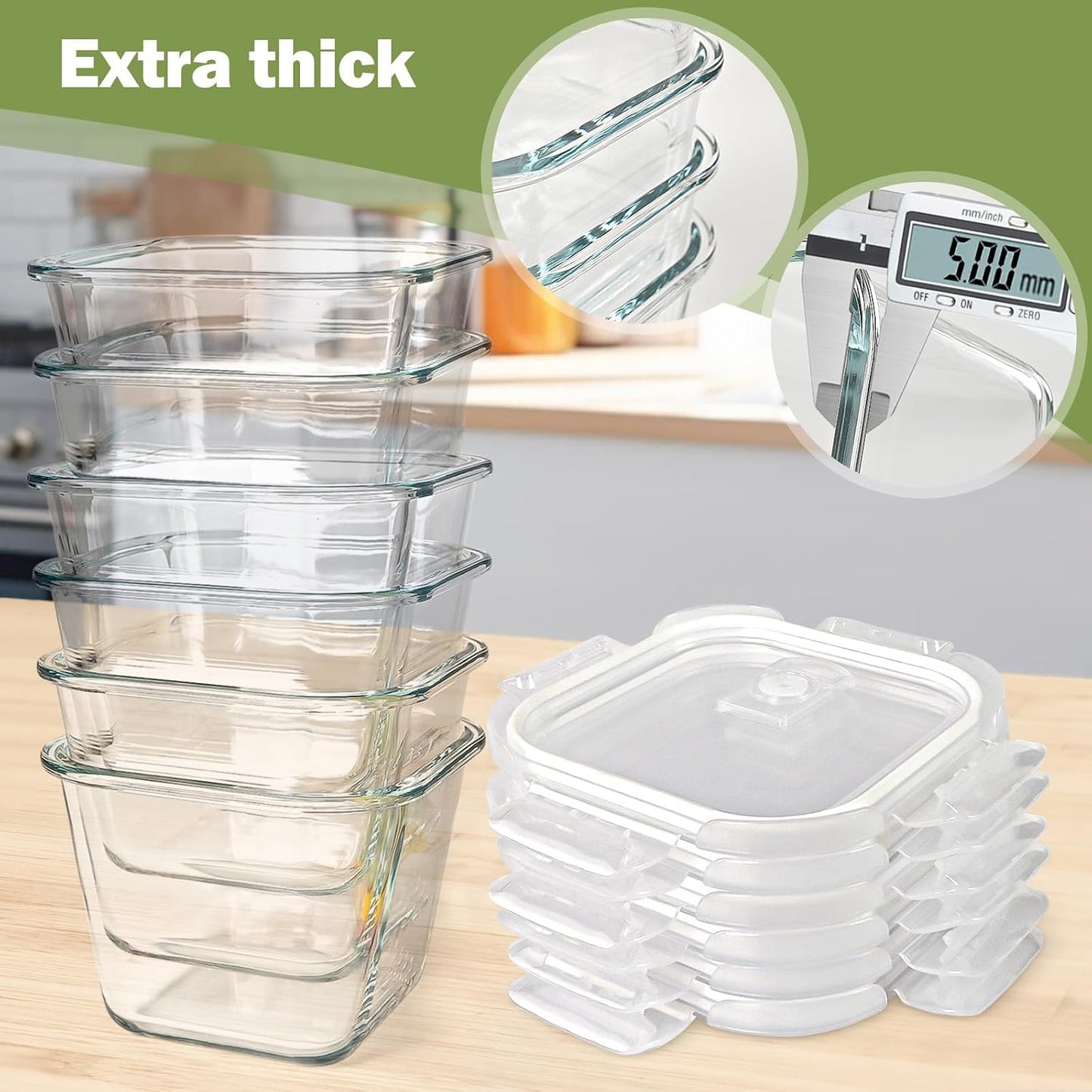 Glass Soup Containers with Lids 32oz - Borosilicate Glass Storage Containers 4 Cup, Freezer to Microwave Safe, Airtight Leak Proof, Square Meal Prep Containers for Lunch Travel- 6 Pack