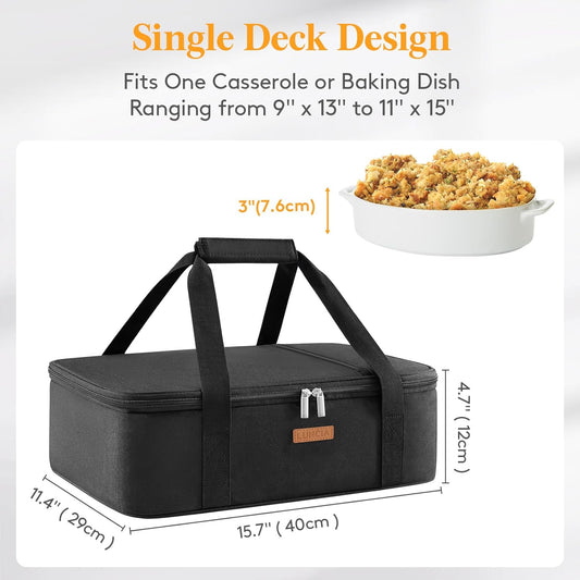 LUNCIA Insulated Single Decker Casserole Carrier, Lasagna Lugger Tote Keeps Food Hot or Cold, Thermal Lunch Bag for Potluck Parties, Picnic and Cookouts, Fits 9" x 13" Baking Dish, Black