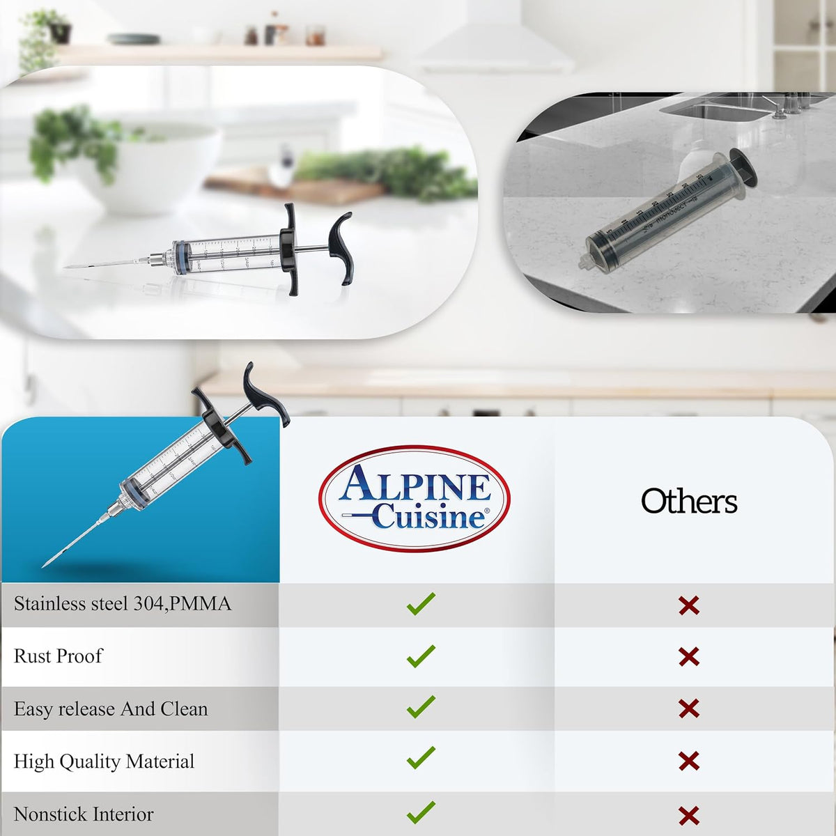 Alpine Cuisine BBQ Injector 6.3-Inch - Perfectly Marinate Your Meat with the Stainless Steel Injector Meat - Inject Sauces, Brines, & Marinades for a Juicy and Flavorful BBQ - Durable & Easy to Use